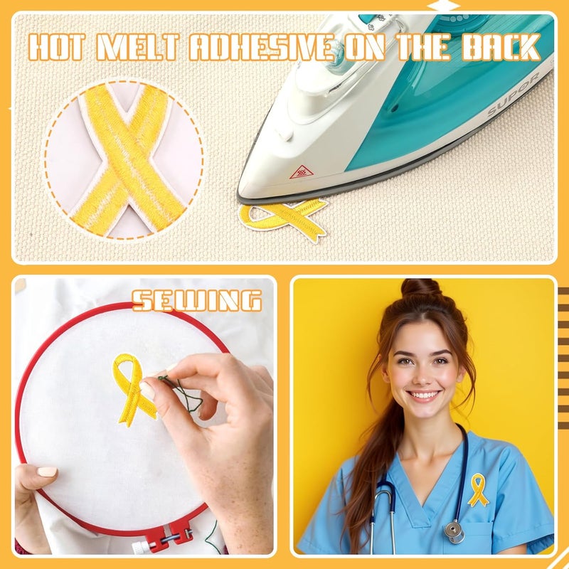 Augsun 30pcs Yellow Ribbon Iron on Patches Bone Cancer Awareness Embroidered Sew Applique Repair Patch Support Campaign Charity Donation Event DIY Crafts for Clothing Dress Backpack Hat Decorations ﻿ - Image 4